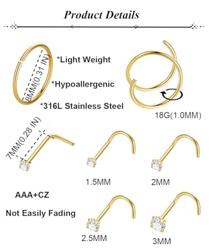 21PCS 18G 20G 22G 316L Stainless Steel Nose Rings Hoop for Women Men Double Nose Ring CZ Nose Stud Piercing Jewelry - color: 18G-Gold tone