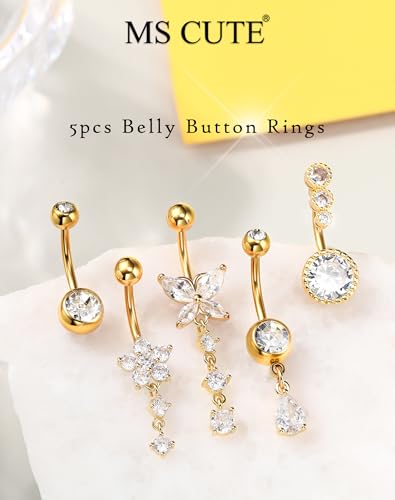 5PCS Belly Button Rings for Women Girls, 14G Surgical Steel Navel Rings Set, Gold & Silver CZ Dangle Body Piercing Jewelry - color: Gold-Butterfly