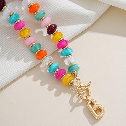 NIKOLUX Colorful Initial Necklaces for Women Chunky Resin Beaded Toggle Necklace 14K Gold Plated A-Z Bubble Letter Pendant Necklace Trendy Summer Beach Handmade Jewelry Gift - color: Colorful-B