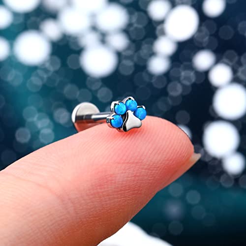 G23 Titanium Cartilage Earring Stud for Helix 16g Flat Back Dog Paw Cartilage Piercing Jewelry Front Top Screw Helix Tragus Earrings - color: Blue Opal Paw-8mm