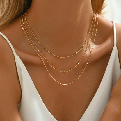 18K Gold Plated Layered Herringbone Necklaces for Women Dainty Layering Beaded Snake Chain Choker Moon Coin Pendant Necklace Trendy Stainless Steel Jewelry - color: Trible Round Bead-Gold