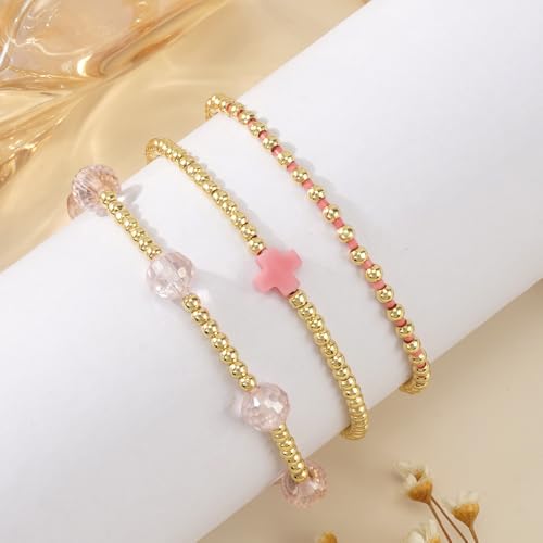 14K Gold Plated Beaded 3Pcs Stack Bracelets for Women, Dainty Trendy Freshwater Stackable Pearl Paperclip Cross Chain Gold Balls Stretch Accessories Jewelry Vacation Gift - color: pink