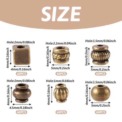 Craftdady 360Pcs Antique Bronze 6 Styles Spacer Beads Tibetan Metal Tiny Column Barrel Round Drum Cube Loose Beads for Jewelry Making Hole: 1-2.5mm - color: 6 Styles, 360Pcs, Antique Bronze