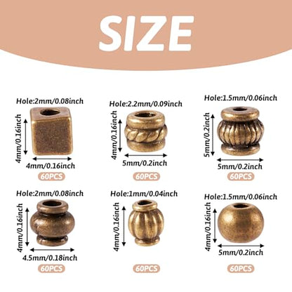 Craftdady 360Pcs Antique Bronze 6 Styles Spacer Beads Tibetan Metal Tiny Column Barrel Round Drum Cube Loose Beads for Jewelry Making Hole: 1-2.5mm - color: 6 Styles, 360Pcs, Antique Bronze