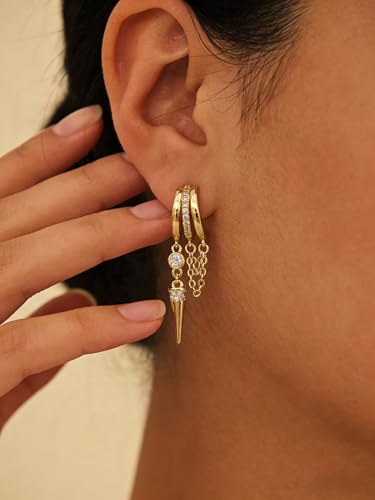 Pearl Earrings for Women Trendy, 14k Gold Plated Freshwater CZ Leaf Pearl Dangle Drop Gold Earrings Lightweight Hypoallergenic Stud Earring Bridesmaid Wedding Gold Jewelry for Women Gifts - style: cz chain earrings-3