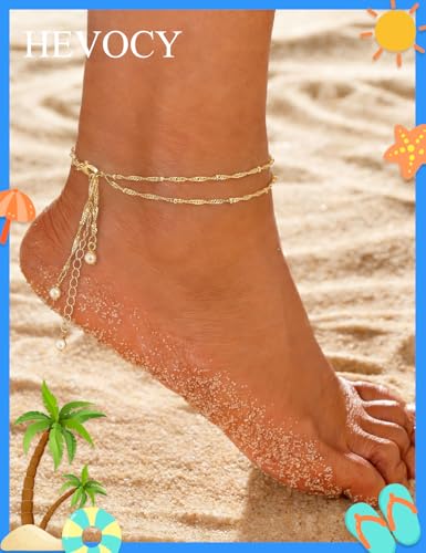 Gold Anklet Set for Women, Layered Beach Anklets | Layered gold-tone ankle bracelets, designed for beach days, vacations, and summer wear - style: Gold Anklet 4