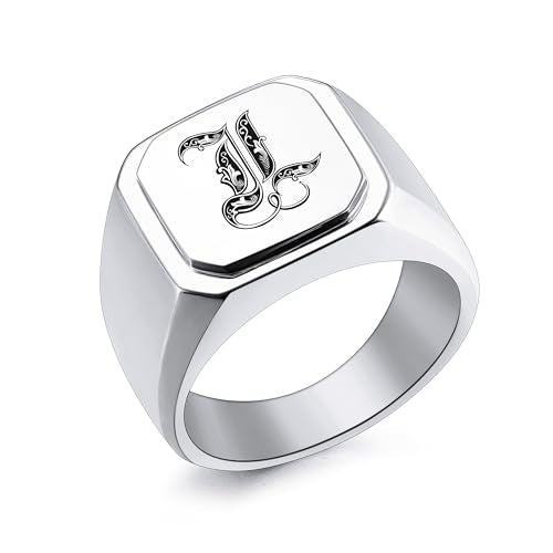 INBLUE Personalized Engraved Name/Initial Monogram Signet Ring for Men with Optional Size 7-15 Stainless Steel Letter Rings with Ring Size Adjusters Fashion Ring Jewelry for Anniversary Wedding - color: Silver - Letter Design
