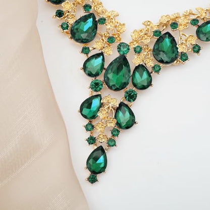 CSY Elegant Crystal Costume Jewelry Sets Flower Bridal Necklace Earrings Stretch Bangle Set for Bride Bridesmaid Wedding Dress Accessories - color: Green Crystal-Gold Tone