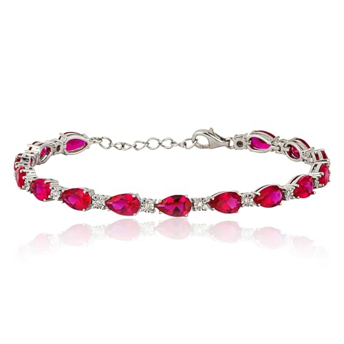 MAX + STONE 925 Sterling Silver Created Ruby Bracelet for Women | July Birthstone Ruby Bracelet | Hypoallergenic Sterling Silver Tennis Bracelets - style: Pear Cut | Diamond
