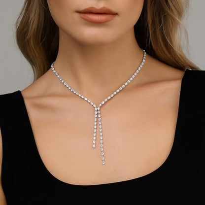 STONEFANS Long Tennis Necklaces for Women - Dainty Silver Lariat Necklace Rhinestone Y Shaped Drop Necklace Cute Choker Necklaces for Women Trendy Silver Prom Jewelry Gifts - color: Silver-Oval Y