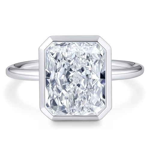Radiant Cut Moissanite Engagement Ring for Women, Bezel Set Solitaire Ring | D Color VVS1 925 Sterling Silver 14K Gold Plated Wedding Ring, Available in 2CT 3CT 5CT, Diamond Alternative Promise Jewelry - style: 01 - White Gold - 5CT Radiant Moissanite