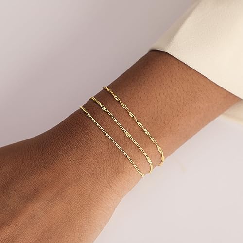 Dainty Bracelet for Women 14K Gold Plated Cross Pearl CZ Leaf Bracelets Set Gold Layering Bracelets Everyday Jewelry - color: Twisted+Beaded+Bar-Gold