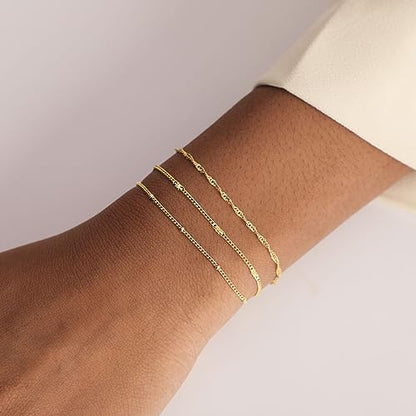 Dainty Bracelet for Women 14K Gold Plated Cross Pearl CZ Leaf Bracelets Set Gold Layering Bracelets Everyday Jewelry - color: Twisted+Beaded+Bar-Gold