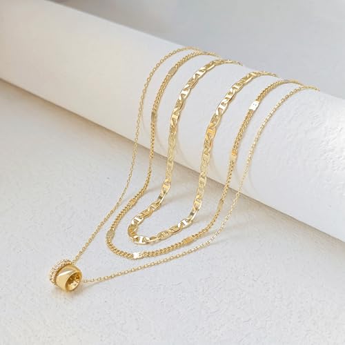 Airmb Gold Layered Necklaces for Women 14k Gold Plated Dainty Stackable Choker Necklaces for Women Trendy Layering Chain Cute Pendant Necklace Set Gold Jewelry for Women - color: 3PS-Two Rondelle-Gold