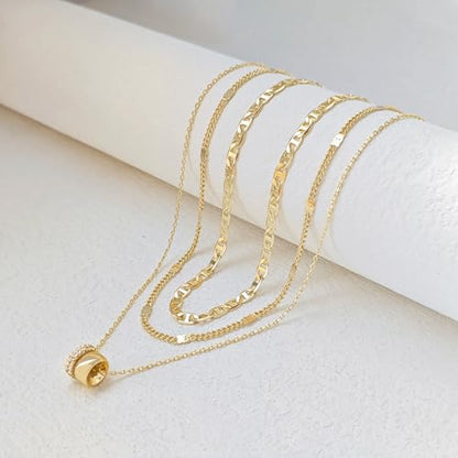 Airmb Gold Layered Necklaces for Women 14k Gold Plated Dainty Stackable Choker Necklaces for Women Trendy Layering Chain Cute Pendant Necklace Set Gold Jewelry for Women - color: 3PS-Two Rondelle-Gold