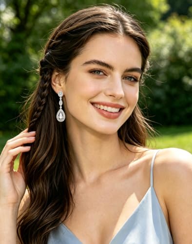 Crystal Teardrop Dangle Earrings Women, Silver Cubic Zirconia Drop Earrings for Bridal, Wedding, Bridesmaids,Prom, Pageant