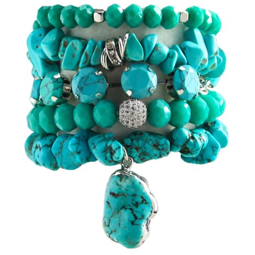 Yomisa Boho Beaded Bracelets/Bangle for Women,Multilayer 5/6/7PCS Healing Natural Handmade Stone Bead Bracelets Stackable Stretch Friendship Beaded Bracelet Set Trendy Western Bohemian Jewelry Gift - color: 5pcs-Turquoise