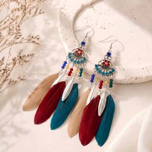 FRESHME Feather Earrings for Women - Native American Jewelry Boho Dangle Ethnic Indian Ear Drop for Music Festival Birthday - color: Dark Coloful