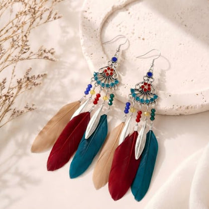 FRESHME Feather Earrings for Women - Native American Jewelry Boho Dangle Ethnic Indian Ear Drop for Music Festival Birthday - color: Dark Coloful
