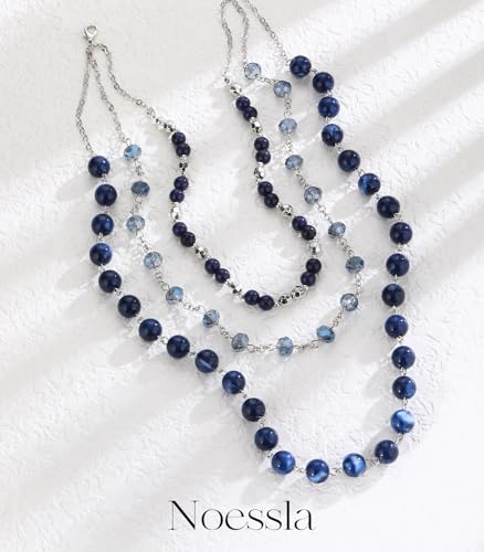 Noessla Layered Beaded Necklaces for Women - 3 Strand Boho Statement Choker Fashion Jewelry Gifts - color: Blue
