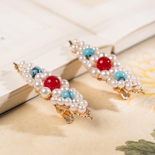 A Pair Wedding Hair Clips, Handmade Floral Design Crystal Hair Clips Pearl Barrettes, Rhinestones Flower Clips Pearl Headpieces Hair Pins Hair Accessories for Women Girls (White Pearl) - color: White Pearl