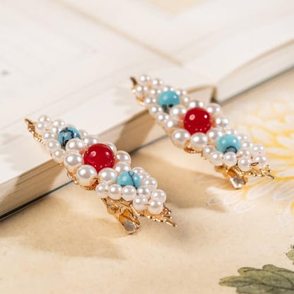 A Pair Wedding Hair Clips, Handmade Floral Design Crystal Hair Clips Pearl Barrettes, Rhinestones Flower Clips Pearl Headpieces Hair Pins Hair Accessories for Women Girls (White Pearl) - color: White Pearl