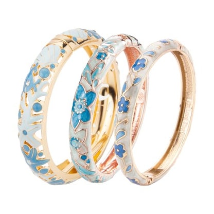 wynameleri Womens Multi-colors Cloisonne Bracelets Flower Enameled Gold Plated Hinged Cuff Bangles Jewelry Gift 3 Packs - color: 3 Pcs Set-Light Blue