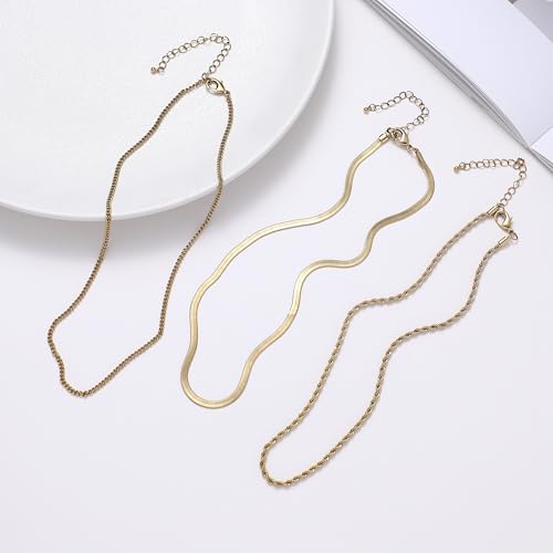 wgoud Gold Necklace for Women Waterproof,14K Real Gold Plated Herringbone Choker Necklace for Women Trendy, Dainty Gold Chain Necklaces Stack,Simple Layered Gold Necklaces for Women Jewelry Gifts - color: 3Pcs Gold Necklace