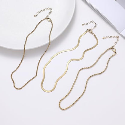 wgoud Gold Necklace for Women Waterproof,14K Real Gold Plated Herringbone Choker Necklace for Women Trendy, Dainty Gold Chain Necklaces Stack,Simple Layered Gold Necklaces for Women Jewelry Gifts - color: 3Pcs Gold Necklace