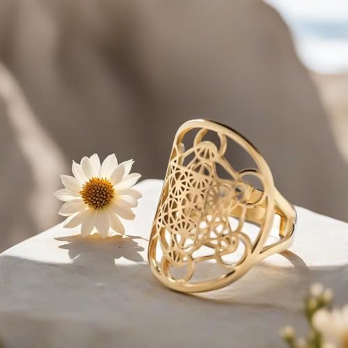 Metatron's Cube Ring Angel Seal Archangel Metatron Cube Protection Statement Hollowed Out Womens Stainless Steel Open Band Ring Jewelry - color: Gold