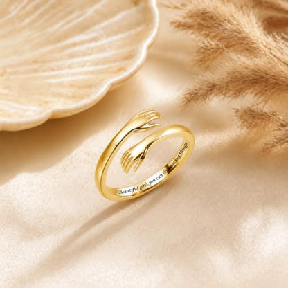 Sterling Silver Hug Ring for Women Teen Girls Adjustable Love Promise Ring Inspirational Open Rings Mothers Day Birthday Gift for Daughter Granddaughter Mom Wife Best Friend - color: 18K Gold / Daughter Gift(Beautiful g***s,you can do amazing things)