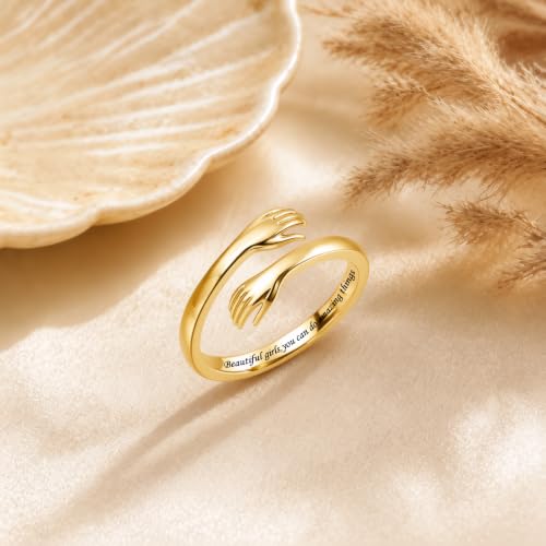 Sterling Silver Hug Ring for Women Teen Girls Adjustable Love Promise Ring Inspirational Open Rings Mothers Day Birthday Gift for Daughter Granddaughter Mom Wife Best Friend - color: 18K Gold / Gift Box(Beautiful g***s,you can do amazing things)