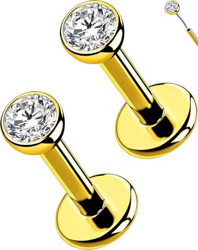 OUFER 2Pcs 20G/18G/16G G23 Titanium Threadless Nose Stud Earrings Flat Back Tiny CZ Small Nose Helix Cartilage Tragus Conch Labret Medusa Monroe Piercing Jewelry for Women Men - color: Gold, size: 2pcs, 16g 6mm, 2.5mm cz