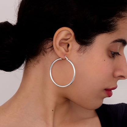 5 MM Wide Thick Chunky Gold Hoop Earrings for Women Trendy, Hypoallergenic Large Big Hoops with Sterling Silver Posts, Lightweight Hollow Tube Real Gold Hoop Jewelry 30/40/50/60/70 MM - color: Silver, size: 4mm-20mm