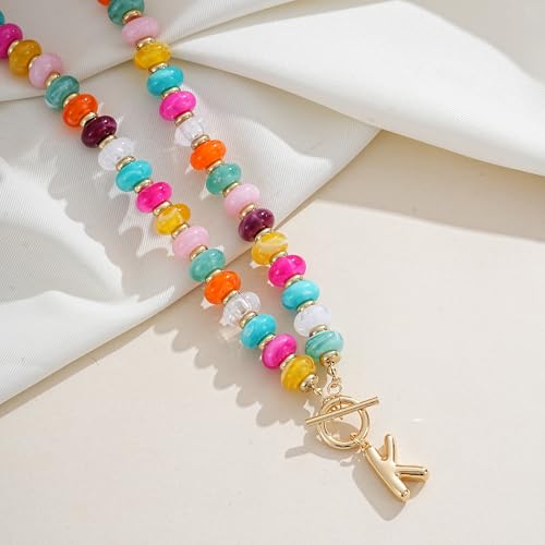 NIKOLUX Colorful Initial Necklaces for Women Chunky Resin Beaded Toggle Necklace 14K Gold Plated A-Z Bubble Letter Pendant Necklace Trendy Summer Beach Handmade Jewelry Gift - color: Colorful-K