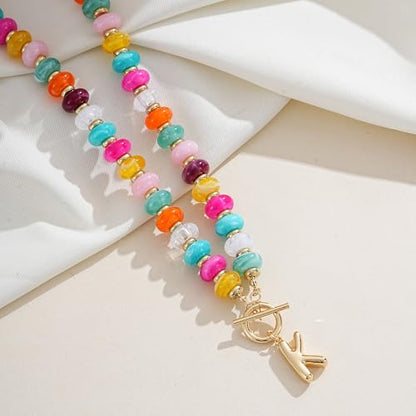 NIKOLUX Colorful Initial Necklaces for Women Chunky Resin Beaded Toggle Necklace 14K Gold Plated A-Z Bubble Letter Pendant Necklace Trendy Summer Beach Handmade Jewelry Gift - color: Colorful-K