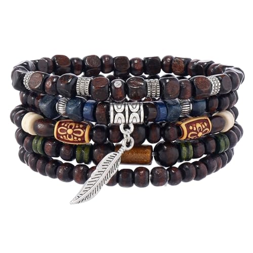Mens Beaded Bracelets Tribal Wooden Elastic Adjustable Prayer Beads Wrap Cuff for Women - color: C: 5pcs