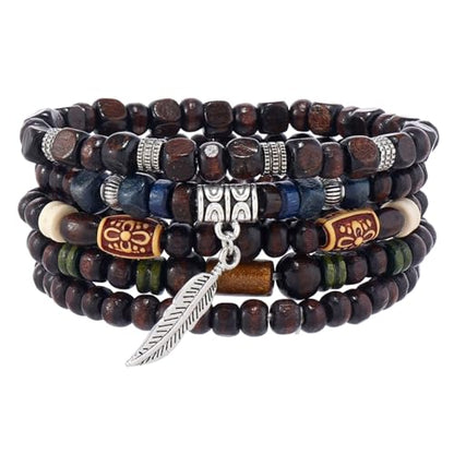 Mens Beaded Bracelets Tribal Wooden Elastic Adjustable Prayer Beads Wrap Cuff for Women - color: C: 5pcs