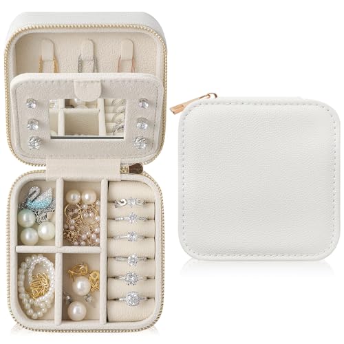 Genuine Leather Travel Jewelry Organizer Case with Mirror for Women, Small Mini Portable Jewelry Box for Earring, Ring, Necklace, Bracelet（White） - color: Caviar Grain Leather White