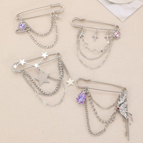 2 Pcs Chain Tassel Brooch Pins Set for Women Rhinestone Heart Flower Star Long Chain Bling Crystal Pearl Sweater Shawl Clips Punk Collar Chain Brooch Costume Jewelry - style: Style B