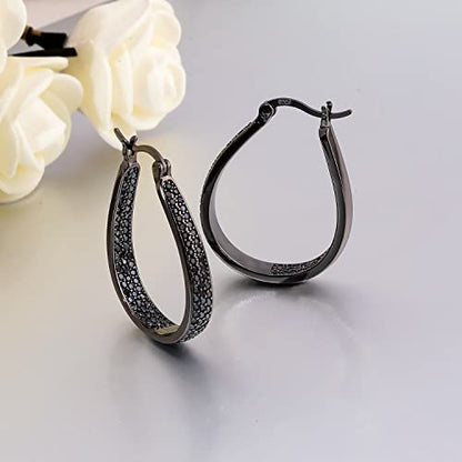 925 Sterling Silver Post Hoop Earrings for Women Gilrs Multcolors Cubic Zircon Hoops 14K Gold Plated Oval Chunky Hoop Earrings Jewelry Gift for Mothers Day/July 4th/Wedding/Party/Christmas - color: Black