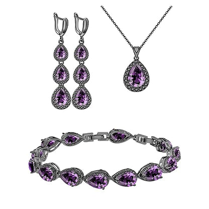 LMXXVJ Necklace Long Earrings Bracelet Set, White Gold Plated Created Blue Sapphire Jewelry Set Wedding Party Gift Jewelry for Women Bridal Bridesmaid - color: Black Gun-Purple