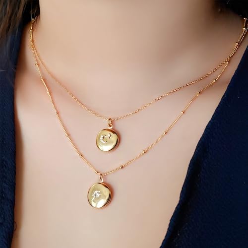 Locket Necklace for Women, Vintage Dainty Gold Heart Oval Butterfly Star Moon Engraved Picture Photo Lockets Pendant Necklaces Memorial Necklace Personalized Jewelry Valentine Gifts - style: Star Moon Round