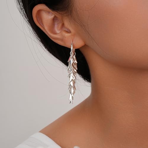 Sylph 14K 18K Gold Plated Chandelier Earrings for Women, Long Tassel Earring Huggie, Silver Leaf Dangle Drop Earrings, Dainty Bohemian Jewelry Gifts for Wedding Everyday Wear - color: A-Silver Chandelier Earrings