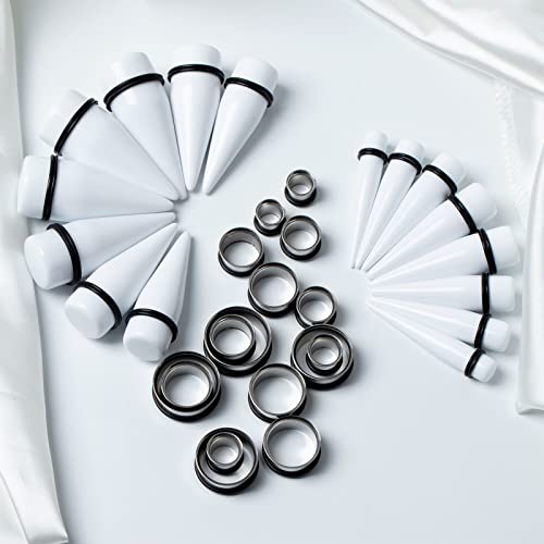 32 PCS 00G - 24mm Ear Taper Kit Gauge Stretching Kit | Hypoallergenic surgical Stainless steel Tapers Tunnels Plugs, body piercing jewelry for women and men - color: White
