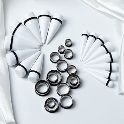32 PCS 00G - 24mm Ear Taper Kit Gauge Stretching Kit | Hypoallergenic surgical Stainless steel Tapers Tunnels Plugs, body piercing jewelry for women and men - color: White