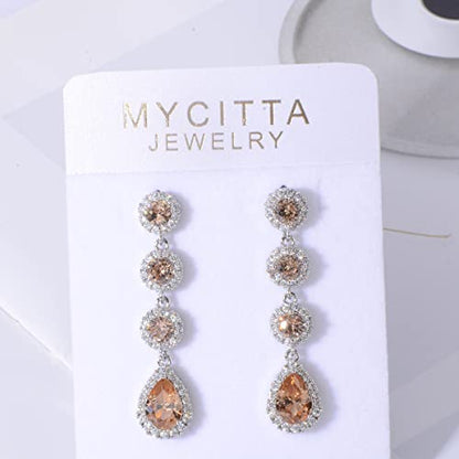 Women's Cubic Zirconia Bridal Earrings - Elegant Long Wedding Party Prom Earring for Bride Bridesmaids Crystal CZ Rhinestone Chandelier Statement Dangle Drop Earrings for girls - color: Champagne-silver