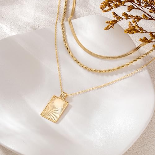 CHESKY Gold Layered Necklaces Set, 14K Gold Plated Paperclip Chain Stack | 3 Pcs Dainty Layering Necklaces, Gold CZ Pendant Necklace Trendy Jewelry Gift for Women Daily Wear - style: Square