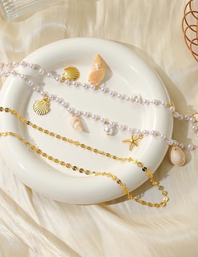 Gold Starfish Waist Chain for Women 18k Gold Plated Belly Chain Belt Layered Seashell Pearl Conch Beads Sequin Satellite Body Chains Sexy Bikini Summer Vacation Beach Jewelry Adjustable - color: 8 Pcs Gold