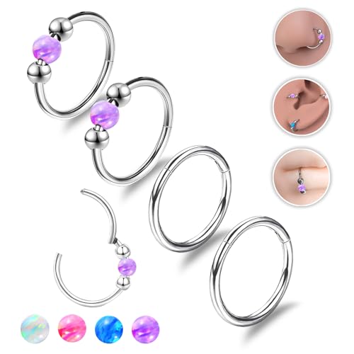 4PCS Nose Rings Opal 18G Nose Hoops 316L Surgical Steel Hypoallergernic Nose Piercings Jewelry for Women Nose Rings Suitable for Septum Rings Cartilage Earring Tragus Earring - color: Silver Purple, size: 4 PCS 18G 8mm*8mm
